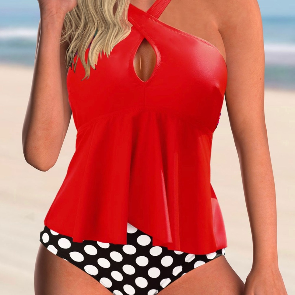 New NWOT Red Black white polka dot tankini S